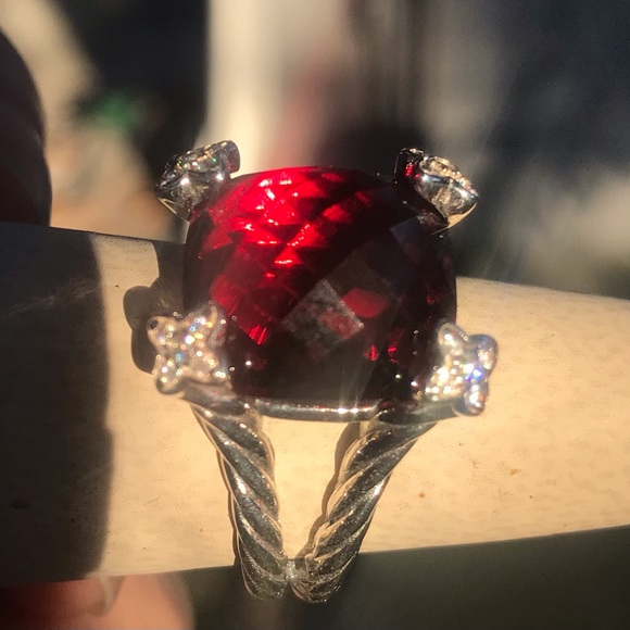 David Yurman S Silver Cushion On Point 14mm Garnet Red & Diamond Ring Sz 6.75 - Picture 10 of 13